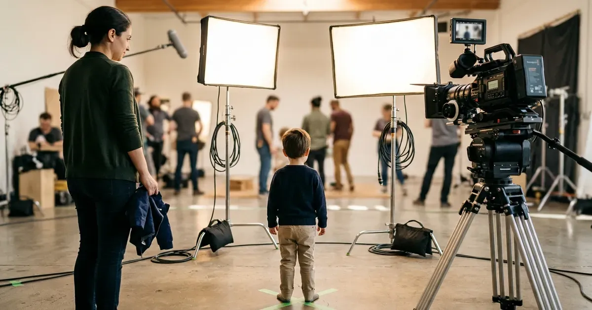 Reklam stüdyosunda ışıkların ve kameranın önünde arkası dönük duran çocuk, 2027 çocuk oyuncu reklam başvuruları için set ortamı