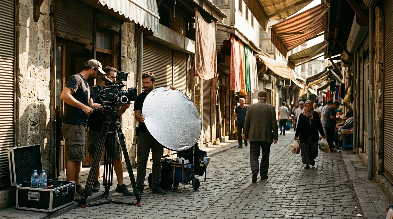 Adana'da sıcak bir sabah, eski bir çarşı sokağında kurulan film kamerası ve ışık reflektörü