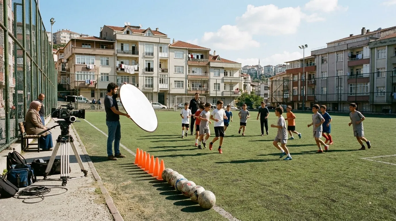 Bir mahalle futbol sahasında kenara dizilmiş toplar ve hazırlanan çekim kamerası