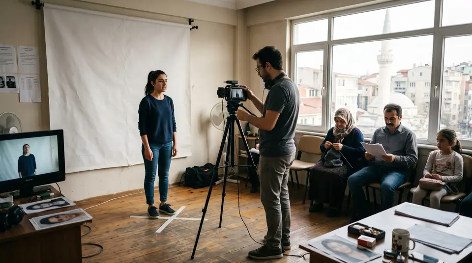 Cast ofisinde beyaz fon önünde işaretli noktada duran aday, kamerayla çekim yapan casting asistanı ve sırasını bekleyenler