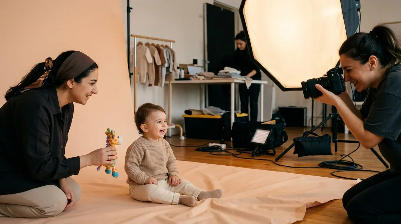 Bebek giyim kataloğu çekiminde pastel fon önünde annesinin yanında oturan bebek