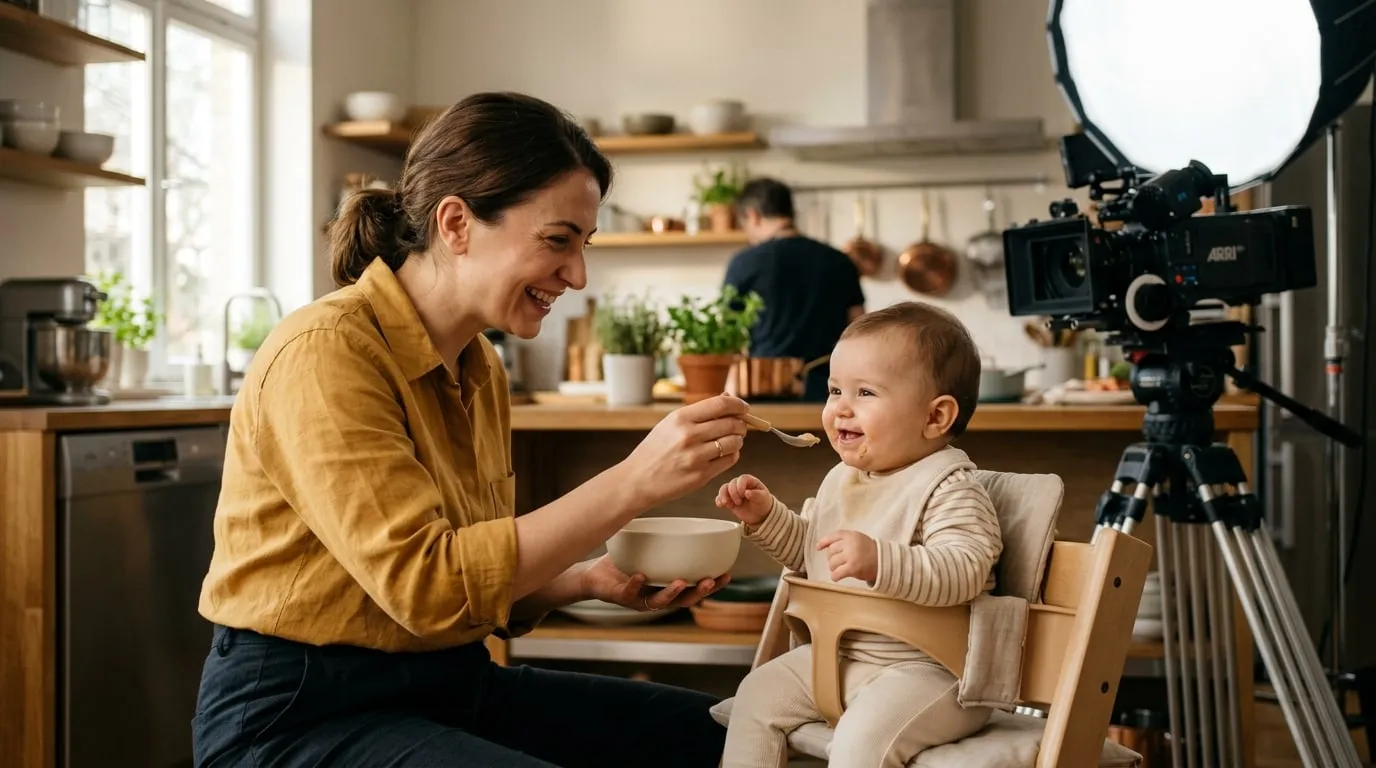 Reklam stüdyosunda kucağındaki bebeğini kaşıkla besleyen anne