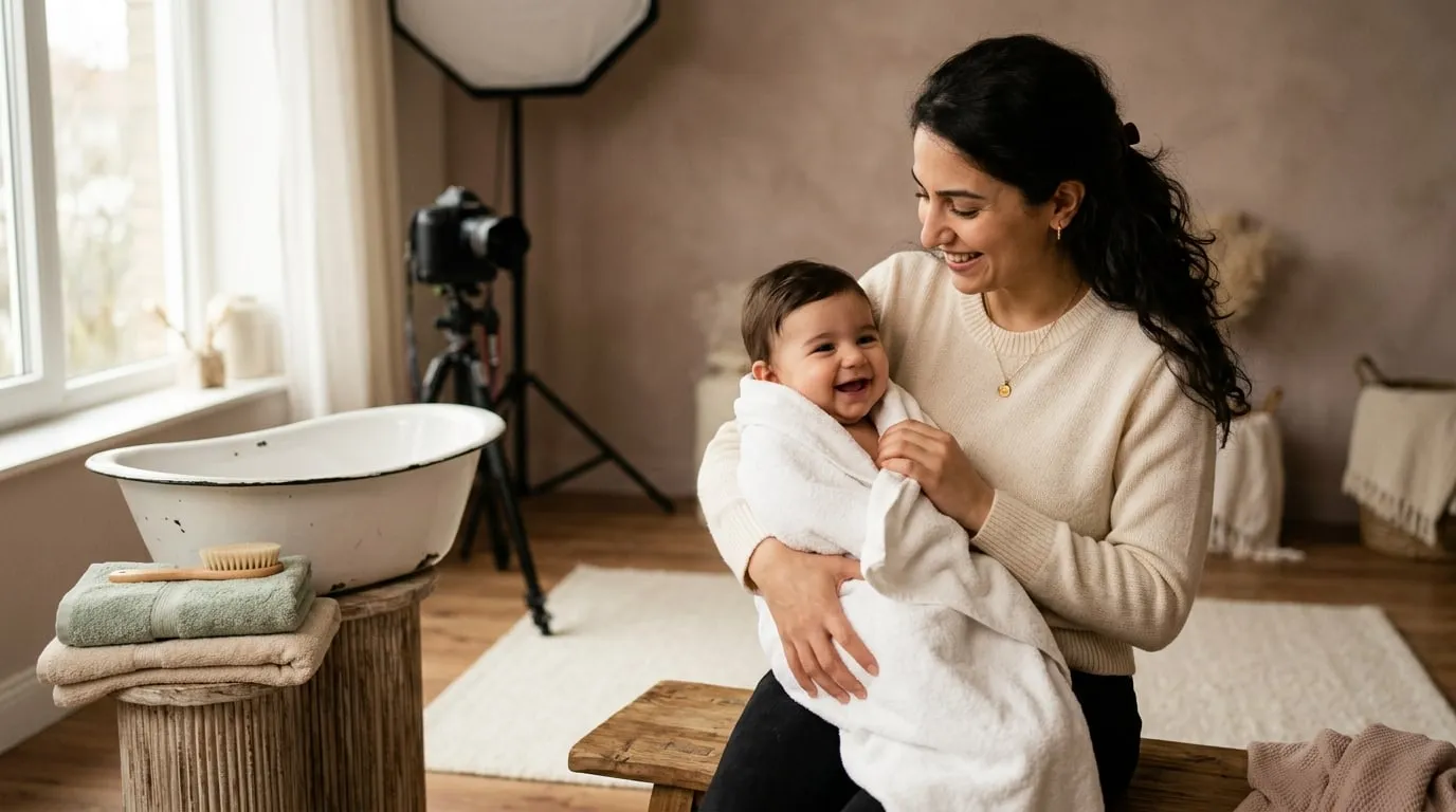 Reklam stüdyosunda annesinin kucağında gülümseyen bebek