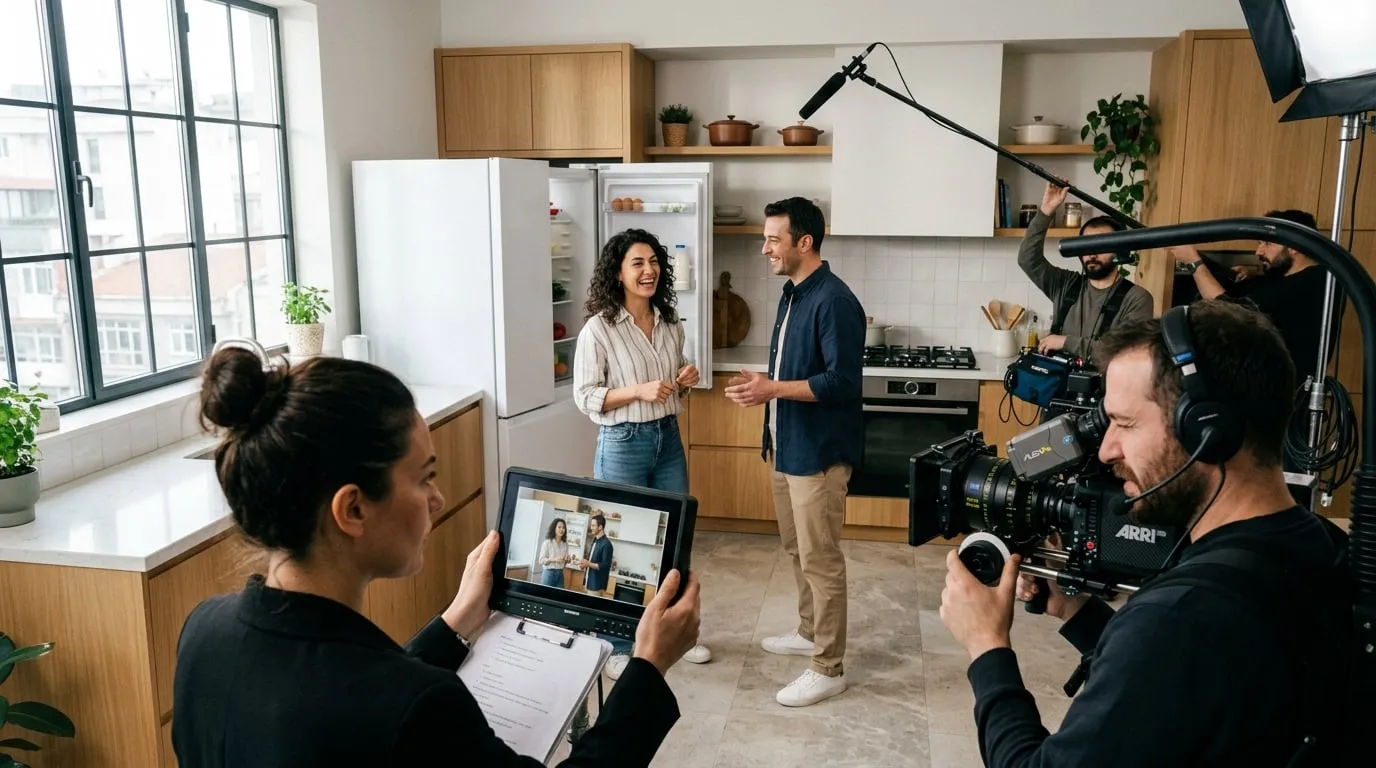 Beyaz eşya reklamı setinde modern mutfakta sahne provası yapan çift