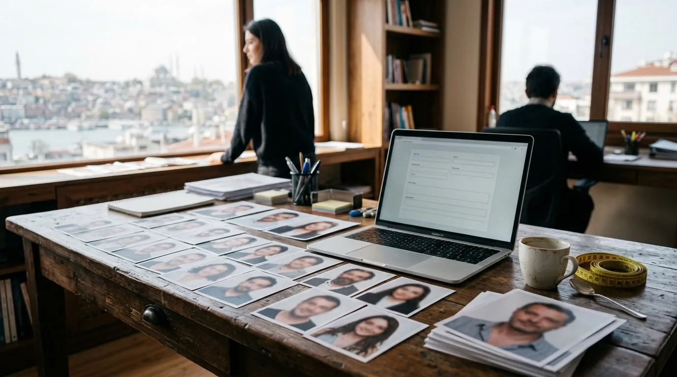 Casting ofisinde masa üzerinde portre fotoğrafları ve dizüstü bilgisayarda açık başvuru formu