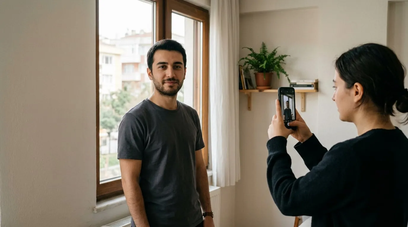 Pencere ışığında düz bir duvar önünde telefonla portre fotoğrafı çekilen oyuncu adayı