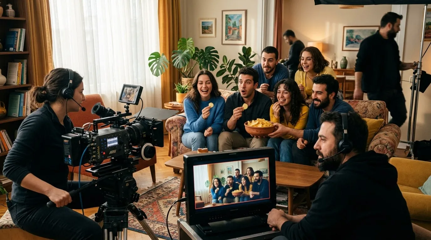 Cips reklamı setinde koltukta abartılı mimiklerle gülen genç oyuncular