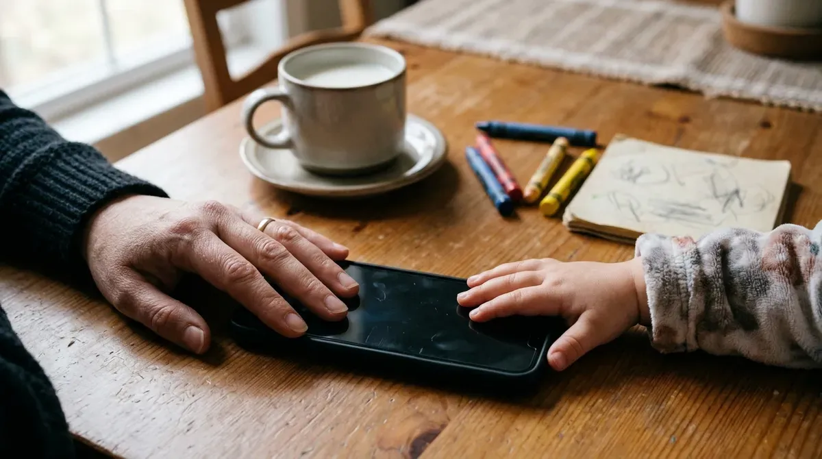 Veli ve çocuğun elleri telefonun üzerinde, çocuğum reklamda oynamak istiyor diyen veli için başvuru hazırlığı
