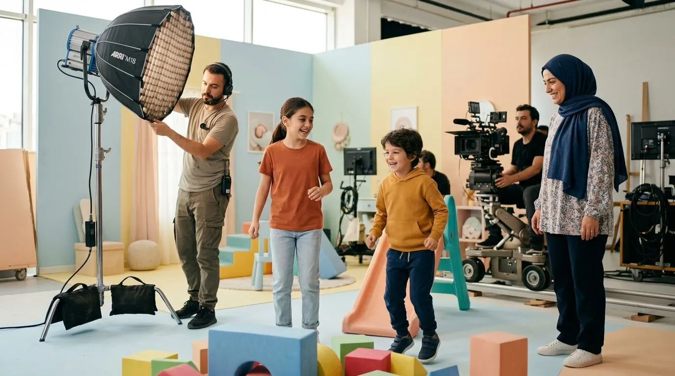 Çocuk giyim reklamı çekiminde renkli kıyafetlerle oynayan çocuklar ve yanlarında bir veli