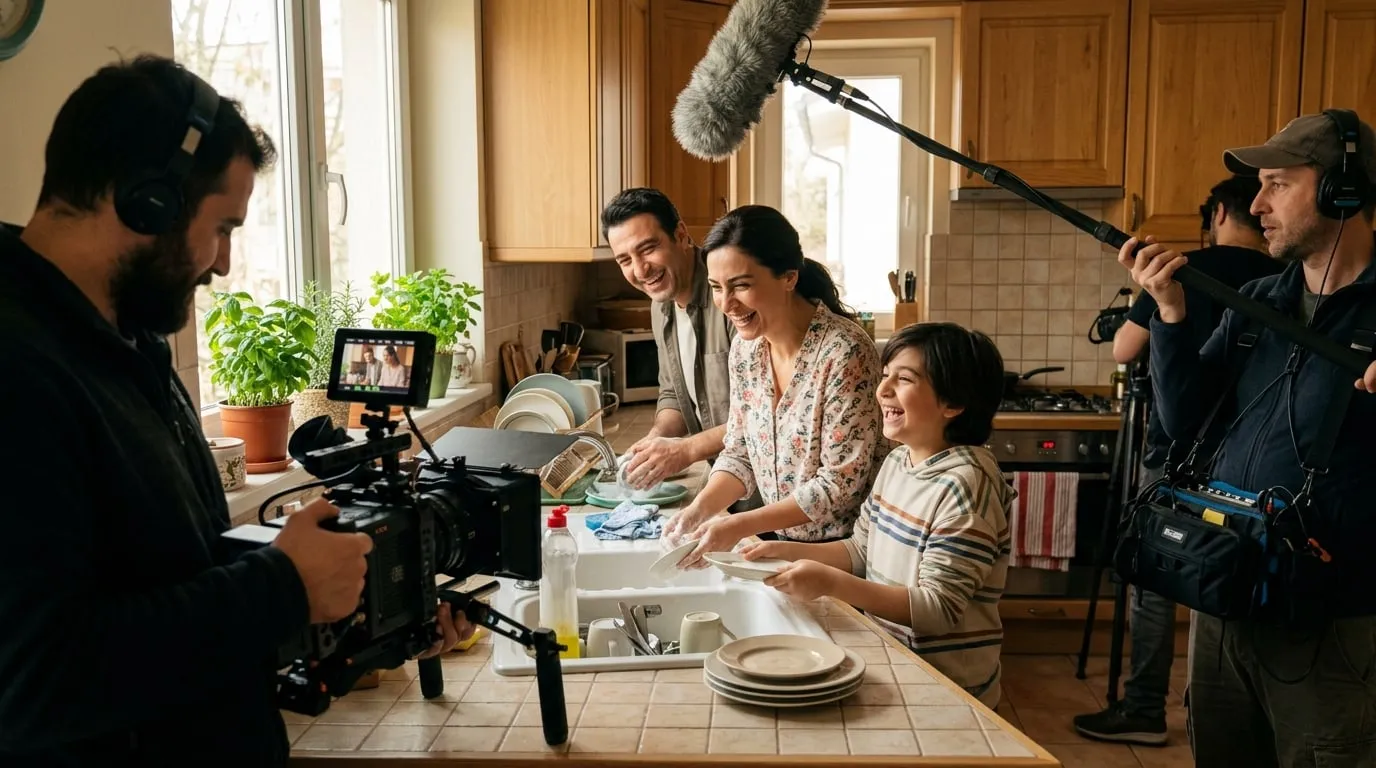 Deterjan reklamı setinde mutfakta birlikte bulaşık yıkayan aile