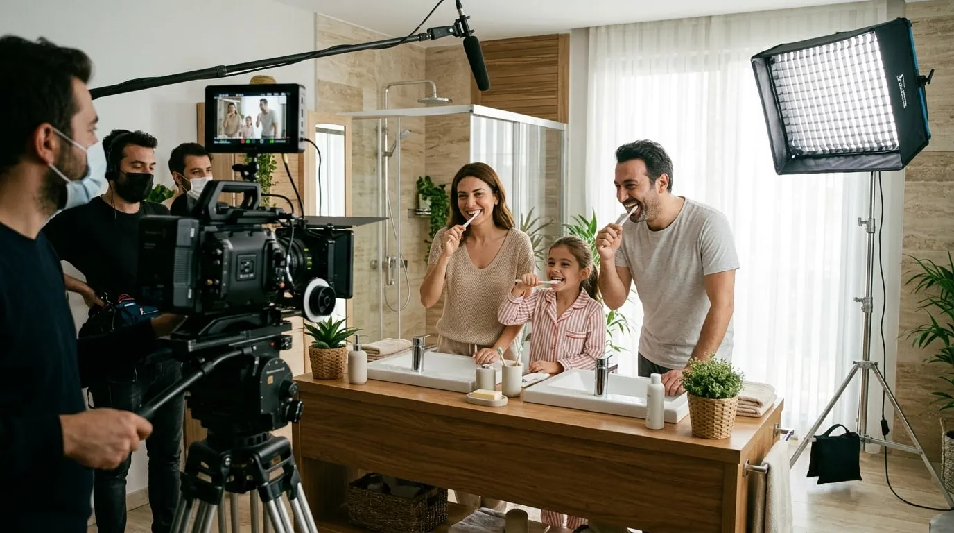 Reklam çekiminde kameraya içtenlikle gülümseyen farklı yaşlardan bir aile
