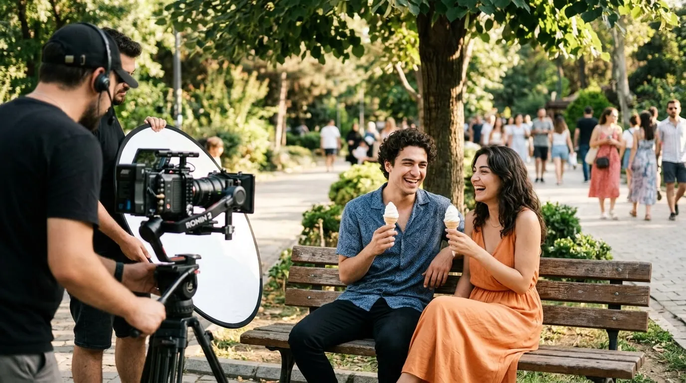 Dondurma reklamı setinde külah dondurma tutan genç oyuncular