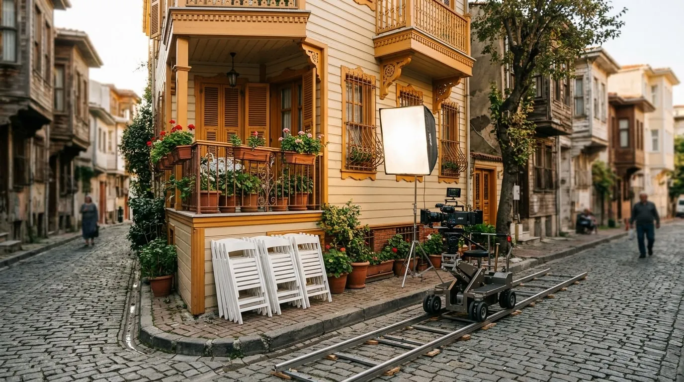 Eski bir İstanbul konağının ahşap balkonu önünde kurulmuş çekim ekipmanı
