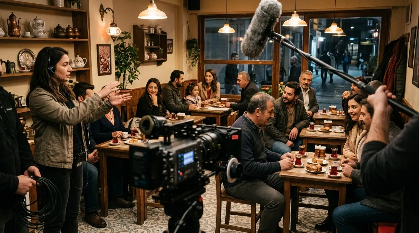 Bir dizi setinde kafe sahnesi için masalarda oturan figüranlar ve arka planda kamera ekibi