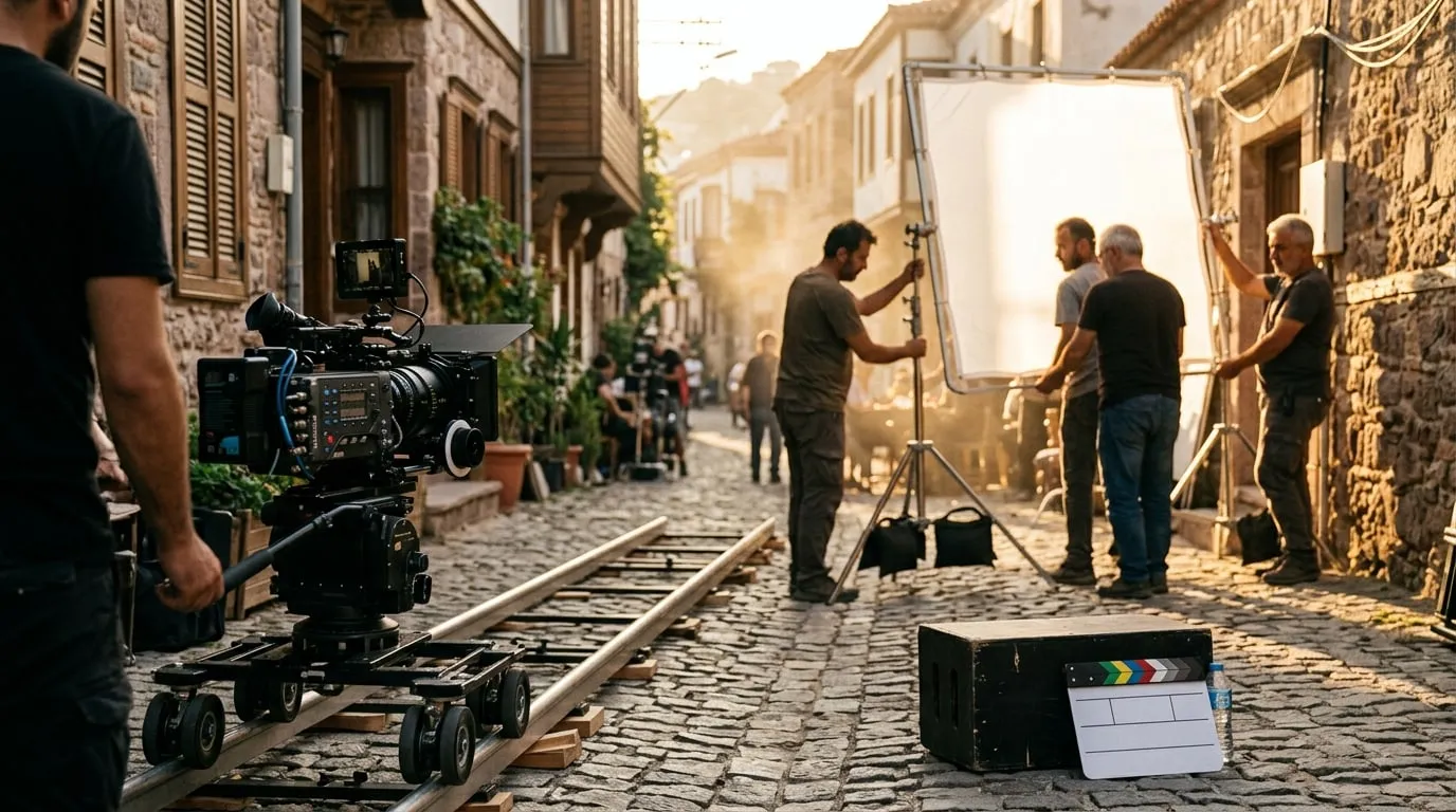 Bir sinema filmi setinde kamera ve ışık ekipmanı arasında sahne hazırlığı yapan ekip