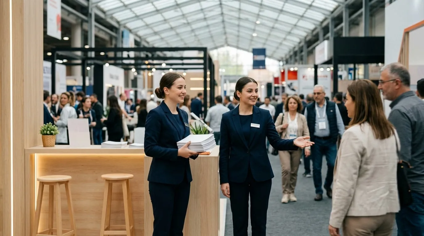 Fuar alanında stant önünde ziyaretçileri karşılayan hostesler
