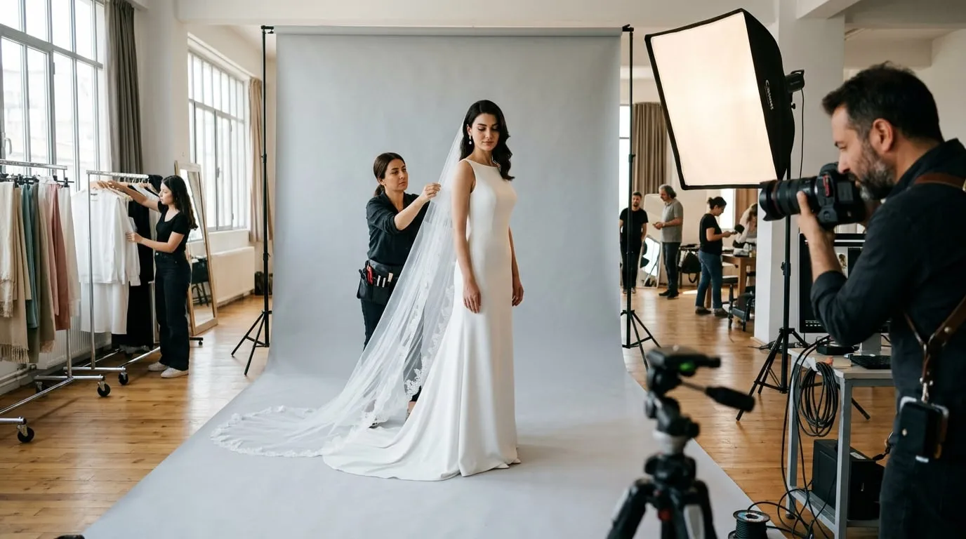 Gelinlik katalog çekiminde fotoğraf stüdyosunda poz veren kadın model