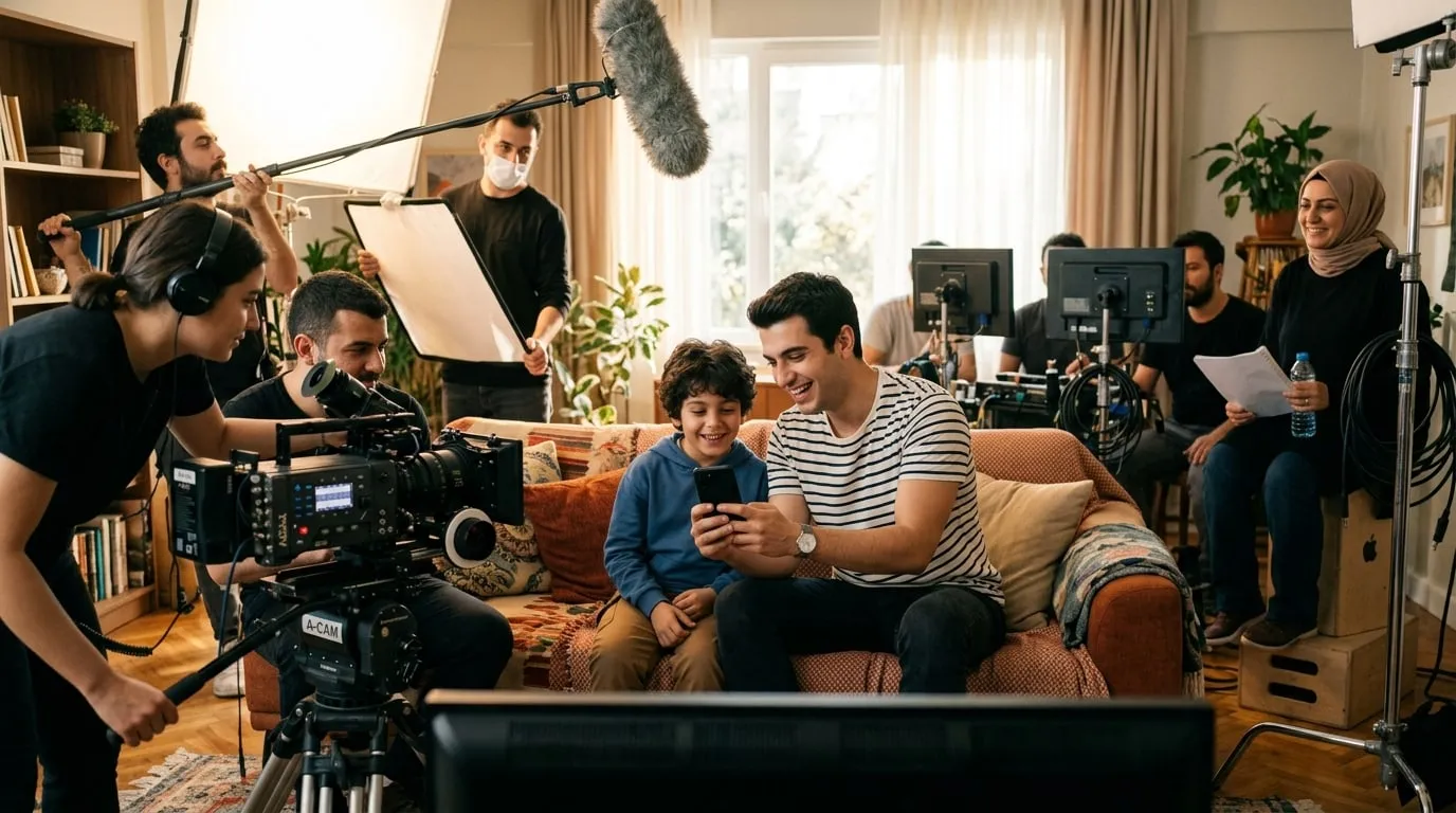 Bir GSM reklam filmi setinde telefonla konuşan oyuncu ve kamera ekibi