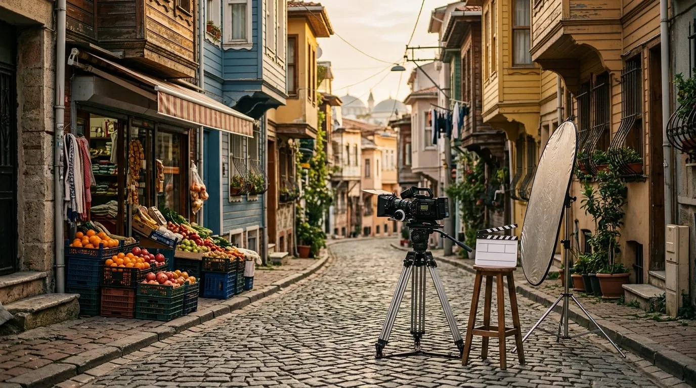 Renkli evlerin sıralandığı eski bir İstanbul sokağında kurulmuş çekim seti