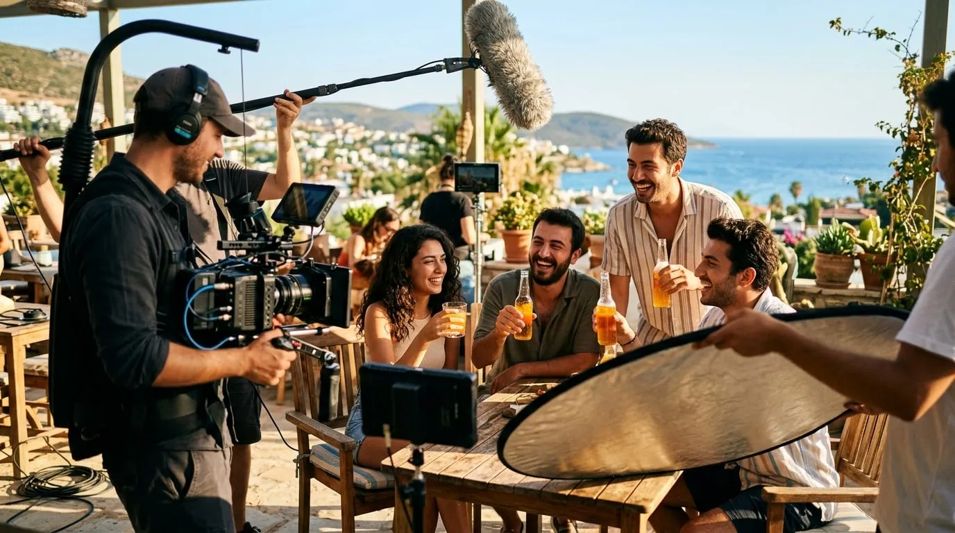 Yaz içecek reklamı çekiminde açık havada eğlenen genç oyuncular