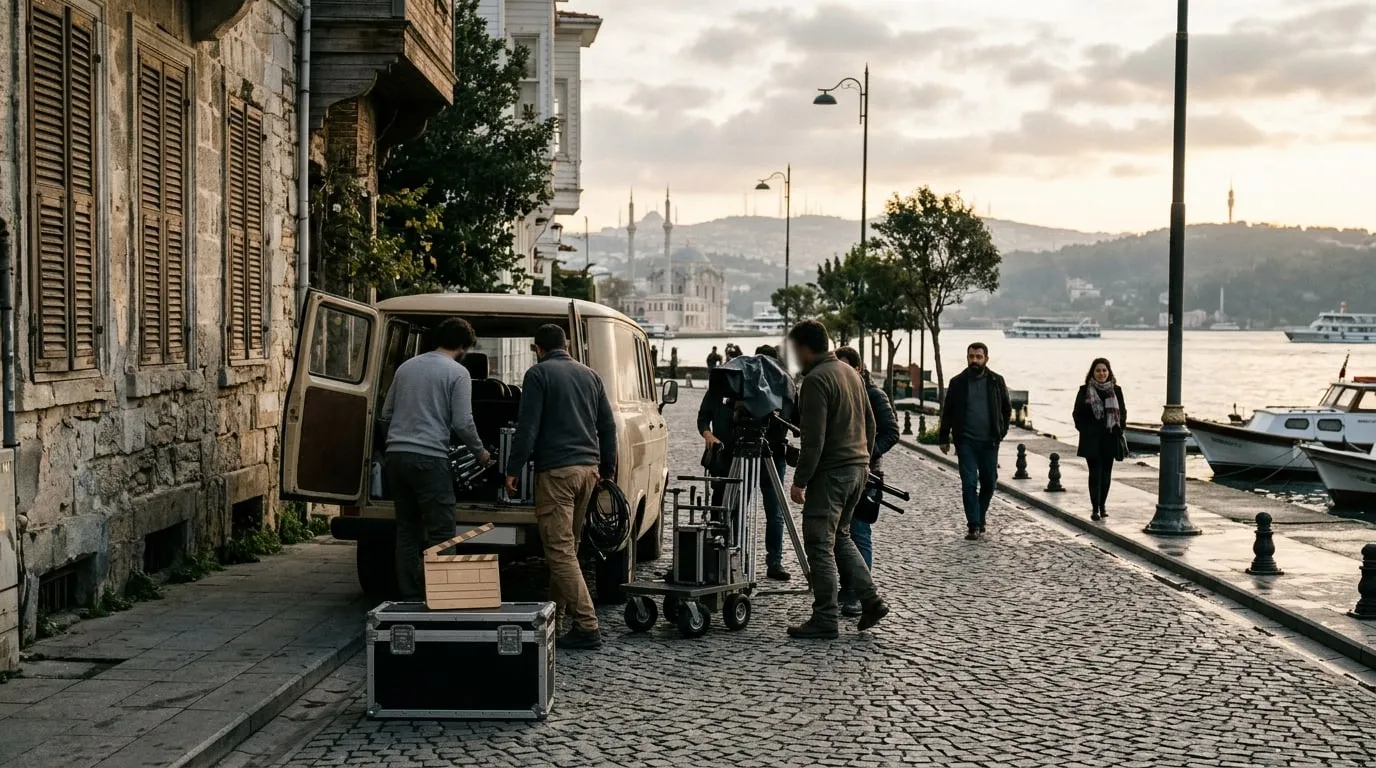İstanbul'da sabah saatlerinde boğaz kıyısında kurulmuş bir dış çekim seti ve ekipman