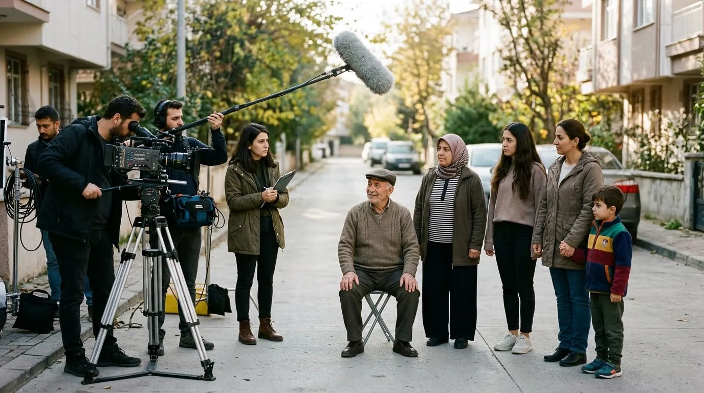 Kamu spotu çekiminde sokak setinde farklı yaşlardan oyuncular ve kamera ekibi