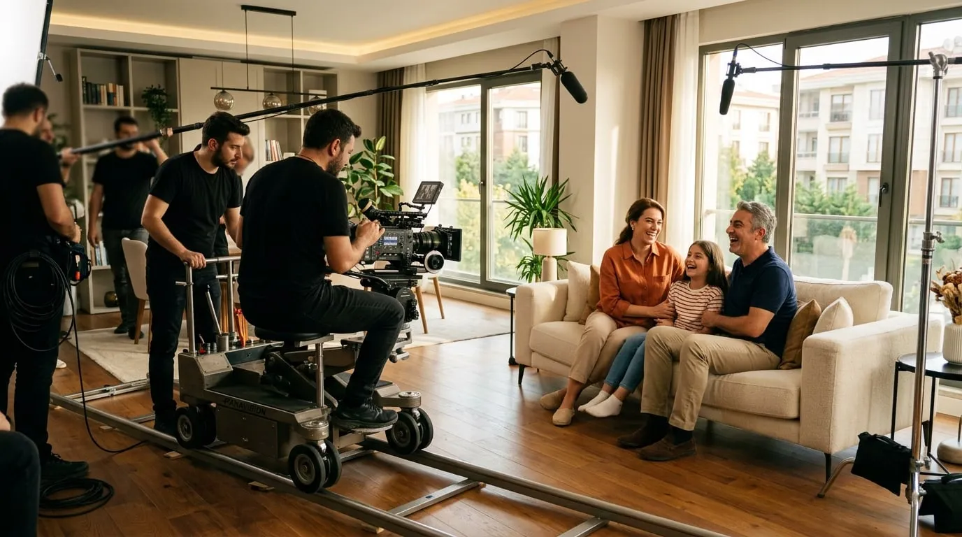 Konut reklamı çekiminde yeni bir evin salonunda aile sahnesi ve kamera ekibi