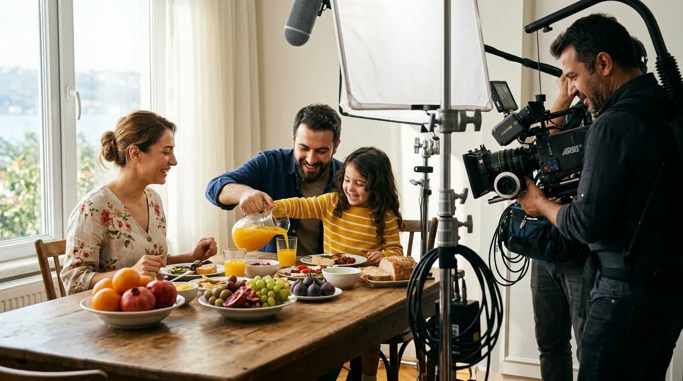 Meyve suyu reklamı setinde kahvaltı masasında gülümseyen aile