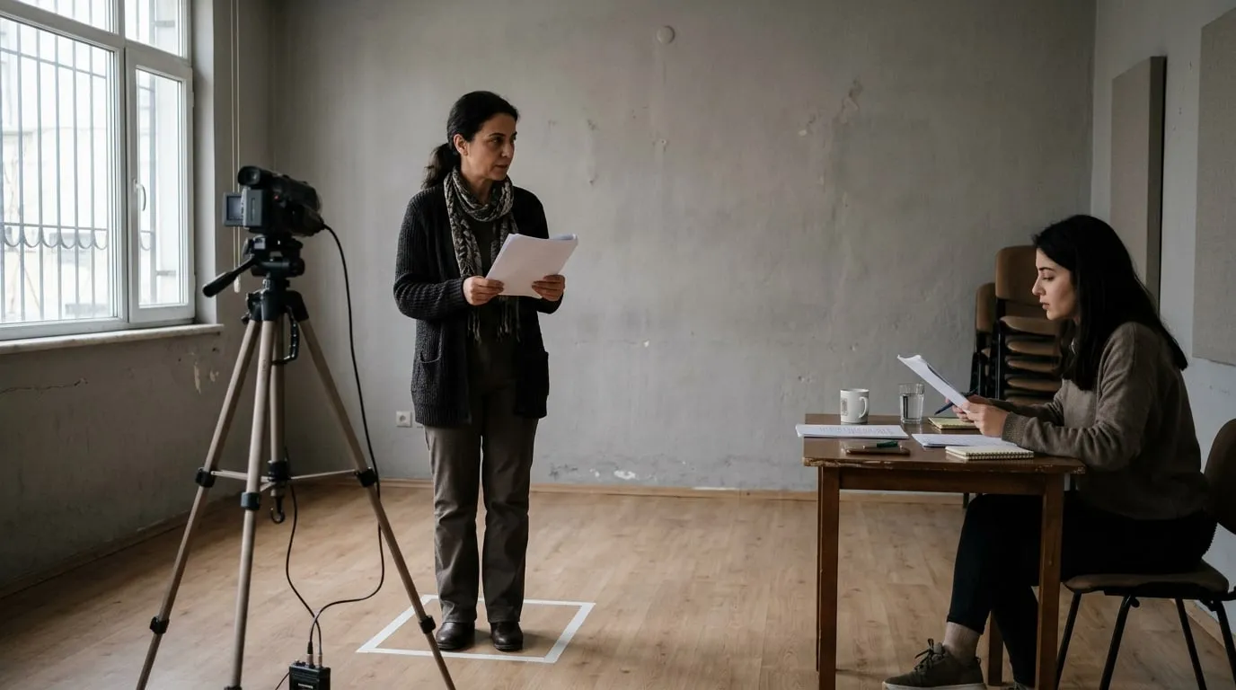 Sade bir seçme odasında tripod üzerindeki kamera karşısında metin okuyan oyuncu adayı