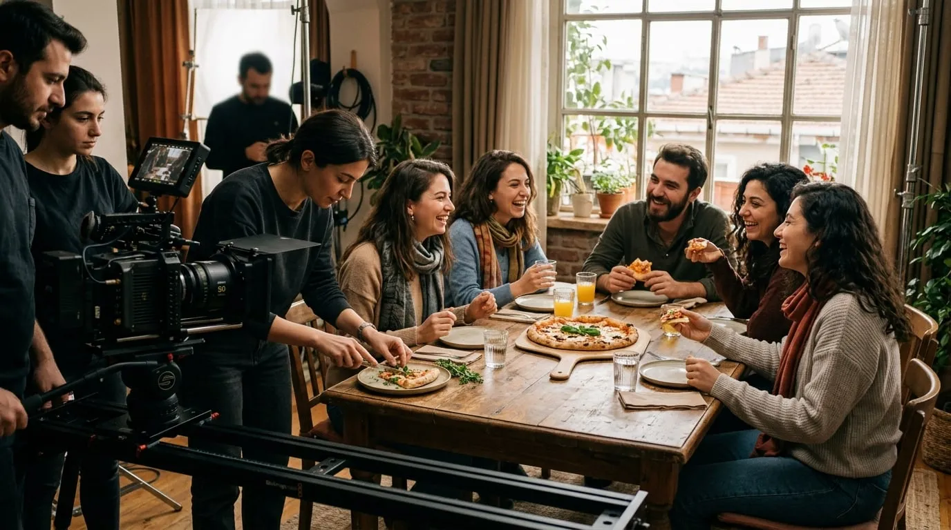 Pizza reklamı setinde masa başında gülüşen genç oyuncular