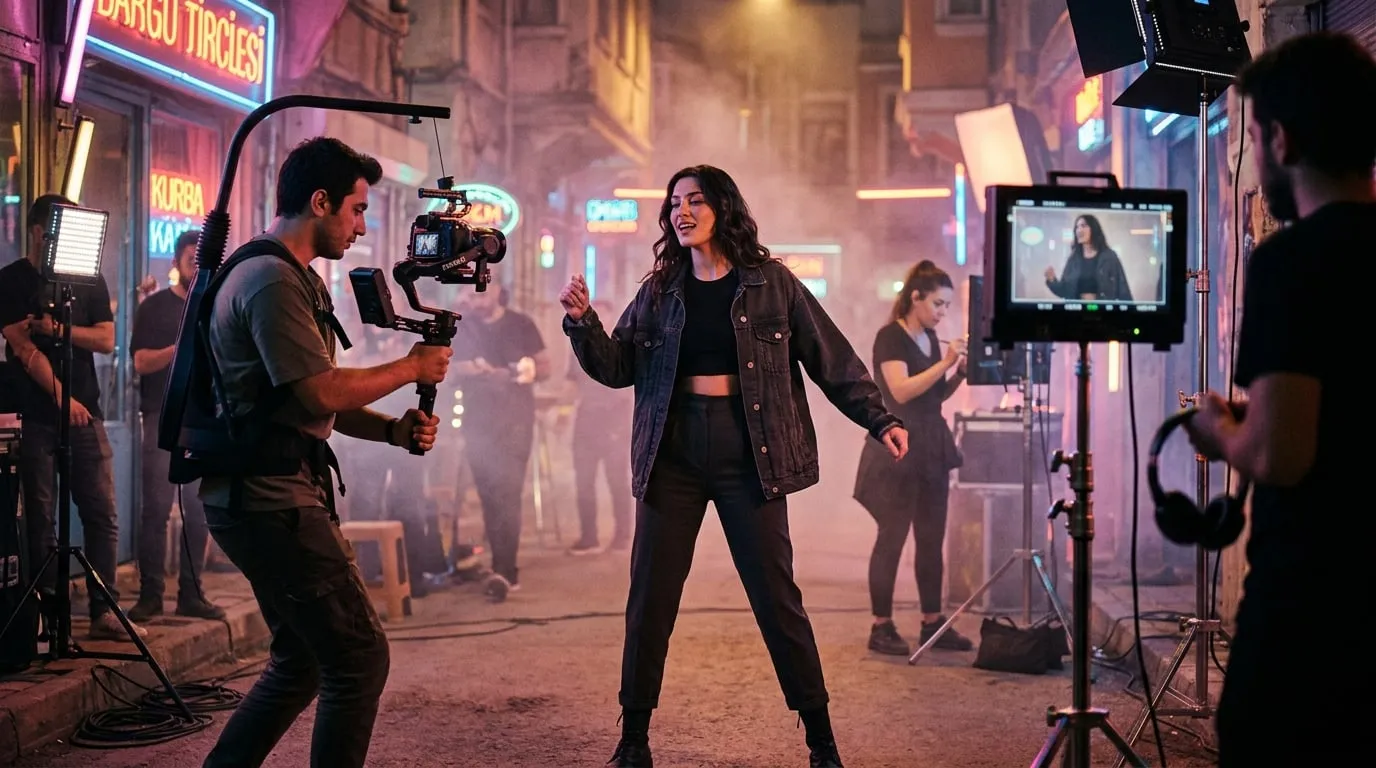 Müzik klibi setinde renkli ışıklar altında kamera karşısında duran kadın oyuncu