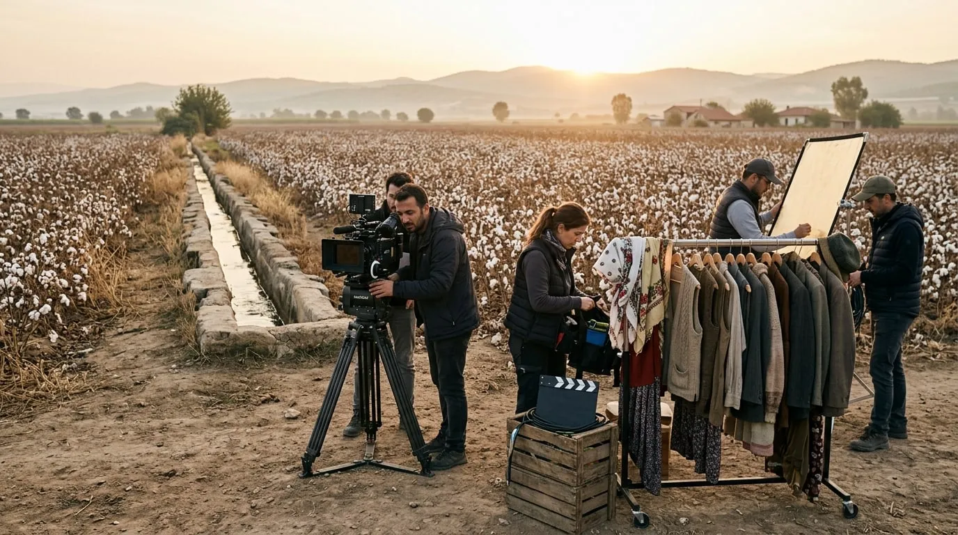 Çukurova'da kurak bir tarlanın kenarında kurulmuş film kamerası ve dönem kostümleri askısı