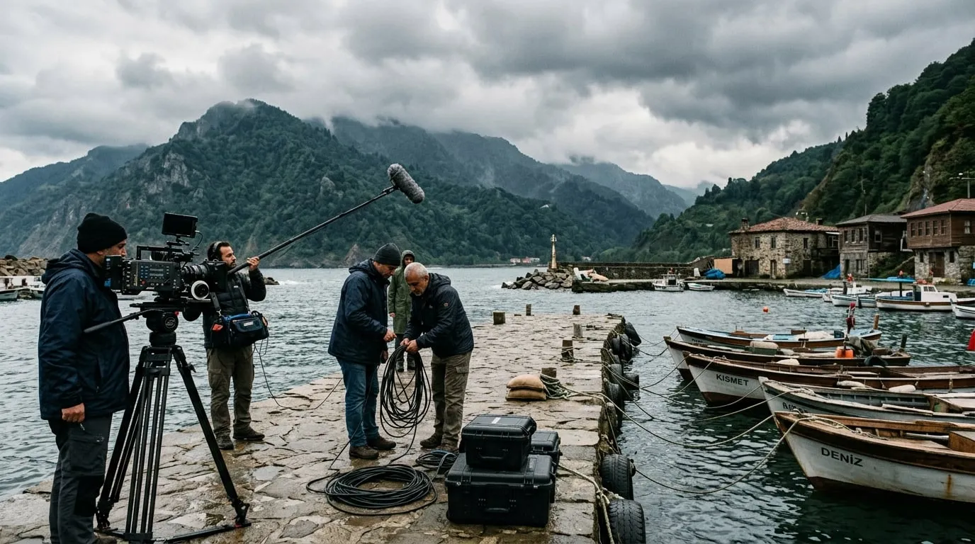 Karadeniz kıyısında dalgalı denize bakan küçük bir limanda kurulmuş çekim ekipmanı