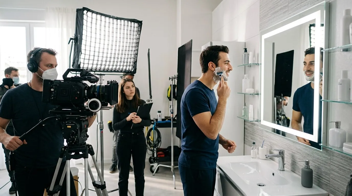 Reklam çekiminde ayna karşısında tıraş olan bakımlı erkek oyuncu